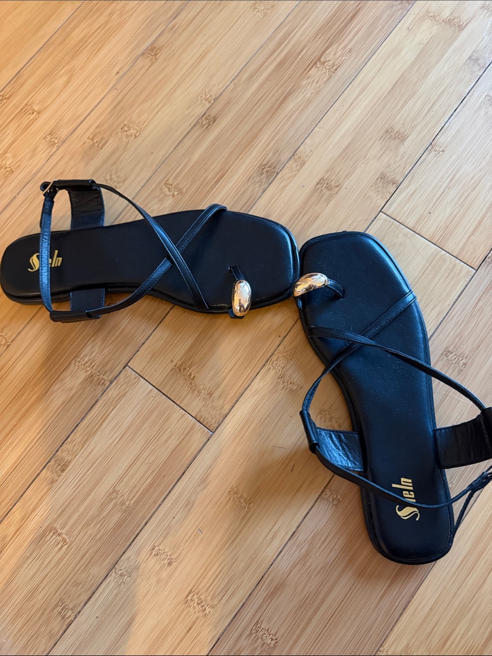 Black Strappy Sandals with Gold Toe Accent - Picture 3 of 3